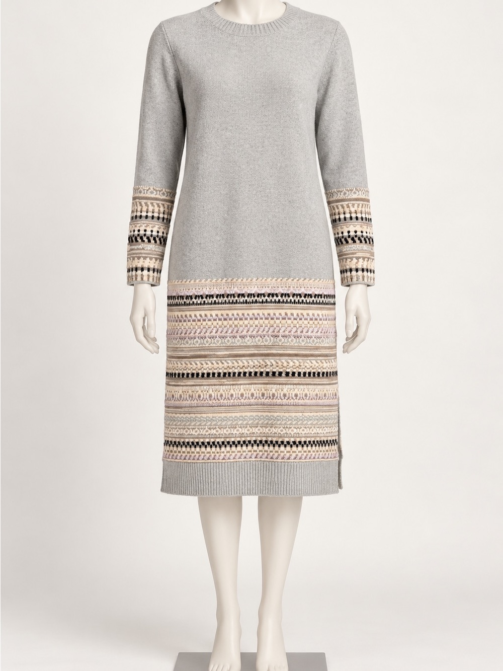 Women's Heather Gray Knit Midi Dress with Patterned Hem